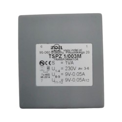 TSPZ 1/003 TSTZ .../...HW - toroidal hermetic mains transformers for halogen or LED lamps, sealed and cased with reversible thermal protection and replaceable fuse  Primary: 115V lub 230V Secondary: 2x9V-2x0,05A Core: UI 21/7,3